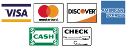 We Accept Visa, MasterCard, American Express, Discover, and Debit Cards